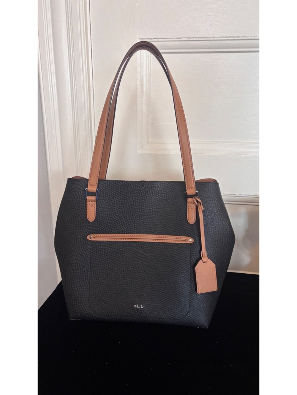 Ralph Lauren Black Saffiano Tote Bag with Tan Leather Trim & RL Luggage Tag
